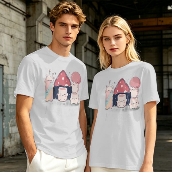 Olive Green T-Shirt With Cute Mushroom Creature Graphic