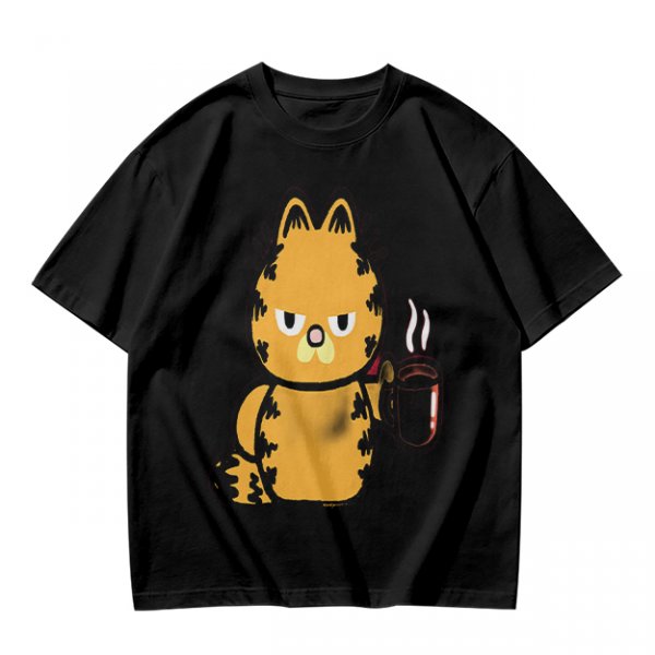 Olive T-Shirt With Grumpy Orange Cat Holding Hot Coffee Print