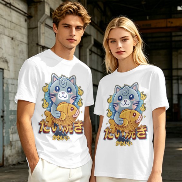 Olive green t-shirt with cute gray cat holding taiyaki graphic