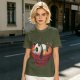 Olive green t-shirt with a panda relaxing in a steaming ramen bowl print