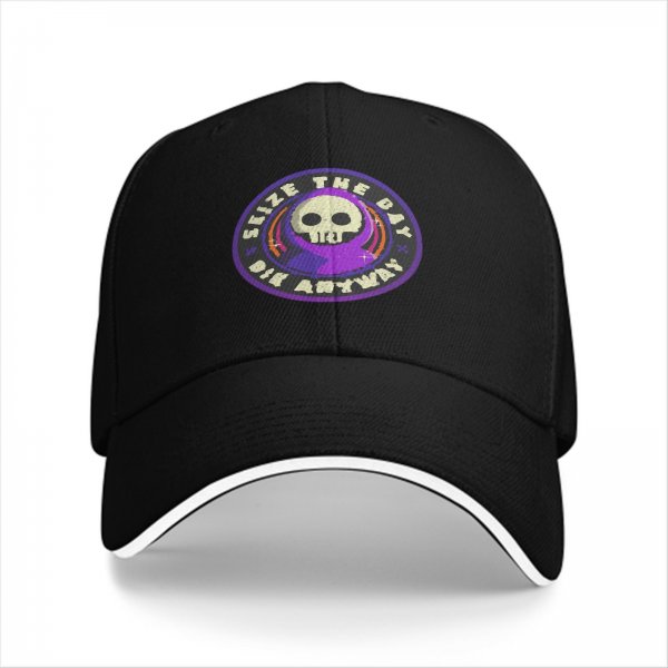 Black Baseball Cap With 'Seize The Day Die Anyway' Grim Reaper Skull Graphic