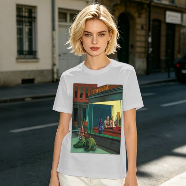 Olive T-Shirt With Surreal Bar Scene Graphic Print