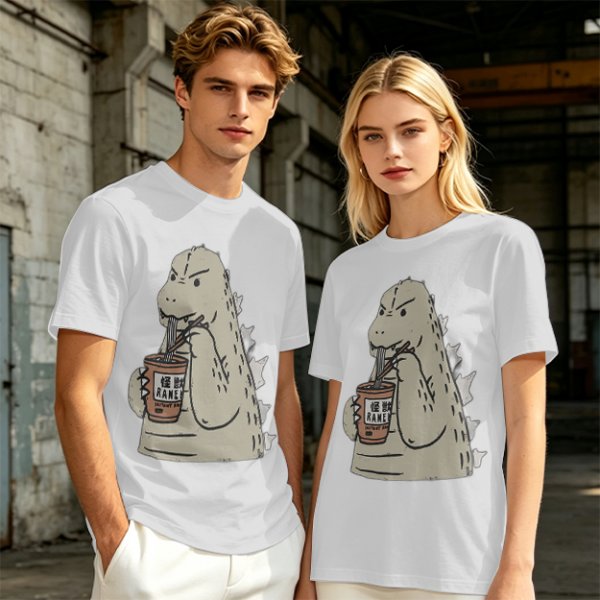 Olive T-Shirt Featuring Godzilla Eating Ramen