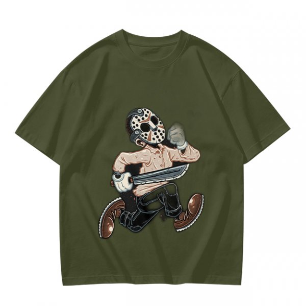 Olive T-Shirt with Cartoon Jason Voorhees Graphic Print