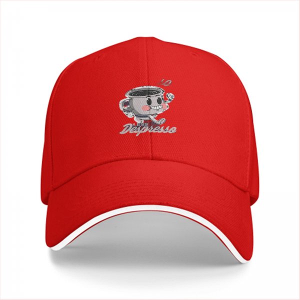Black baseball cap with 'No Less Despresso' coffee cup graphic