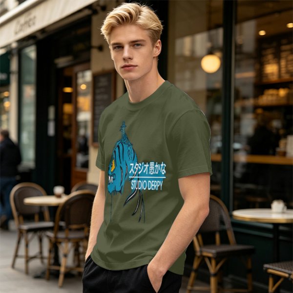 Olive Graphic T-Shirt with Blue Tiger and Studio Derpy Text