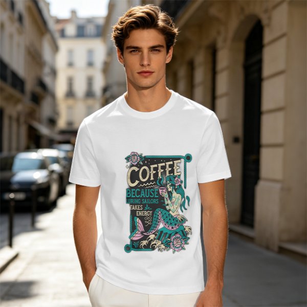 Olive t-shirt with mermaid coffee print 'Coffee Because Luring Sailors Takes Energy'