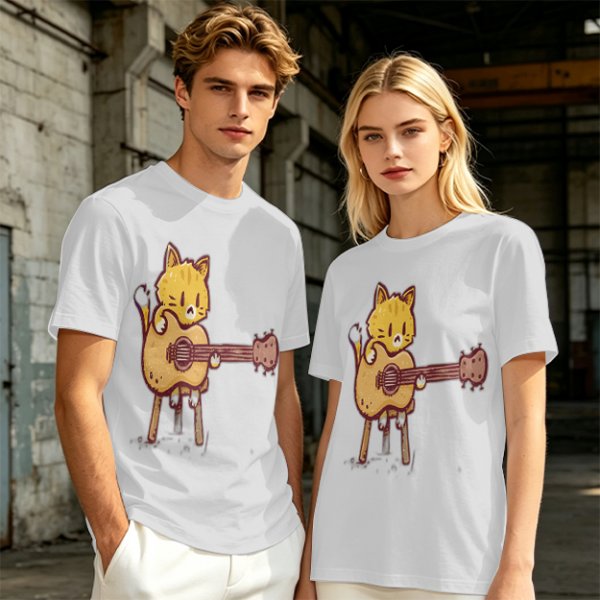 Olive T-shirt with Cute Orange Cat Playing Guitar Graphic