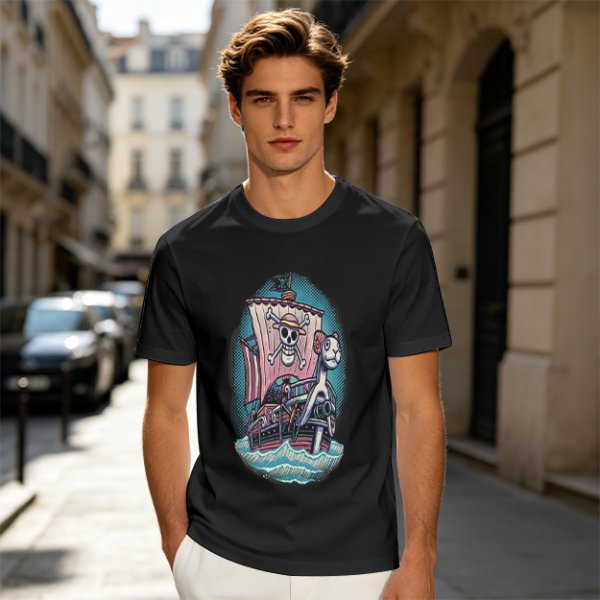 Olive T-shirt with One Piece Thousand Sunny Pirate Ship Print