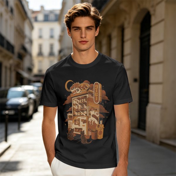 Olive T-Shirt with Coffee Vending Machine and Cats Graphic