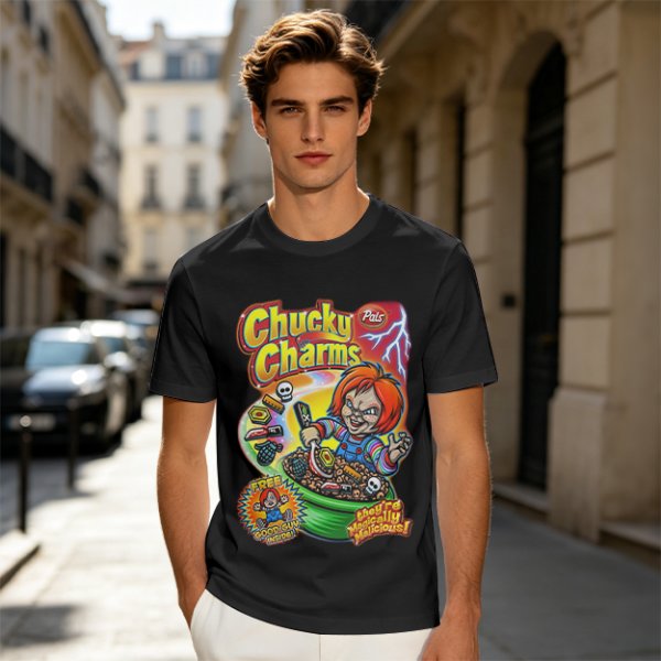 Chucky Charms Horror Cereal Themed Graphic T-Shirt