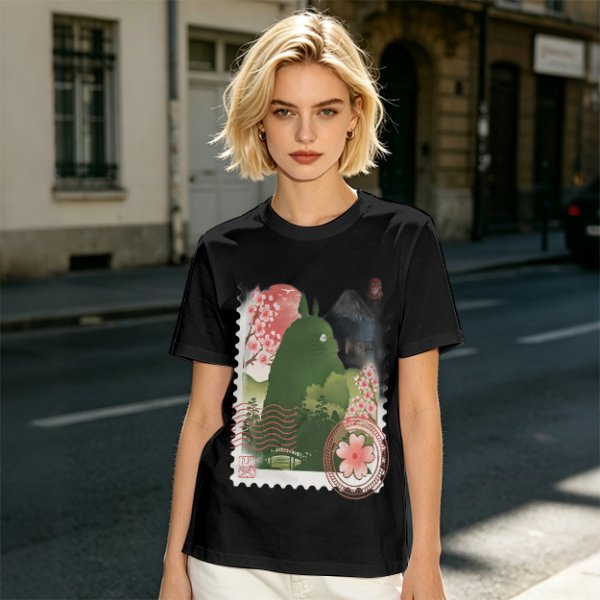 Olive T-Shirt with Totoro Cherry Blossom Stamp Art Print