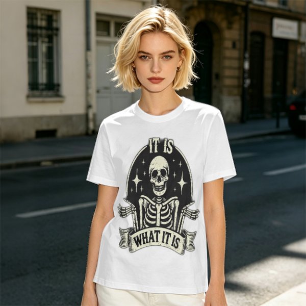 Olive t-shirt with skeleton graphic and 'It Is What It Is' text