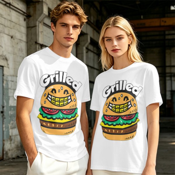 Olive T-Shirt with Smiling Grilled Burger Graphic
