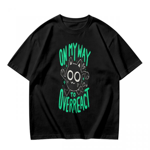 Oversized Olive T-Shirt With 'On My Way To Overreact' Cat Graphic