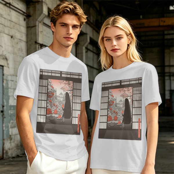 Olive T-Shirt with Japanese Shinto-inspired Window Landscape Print