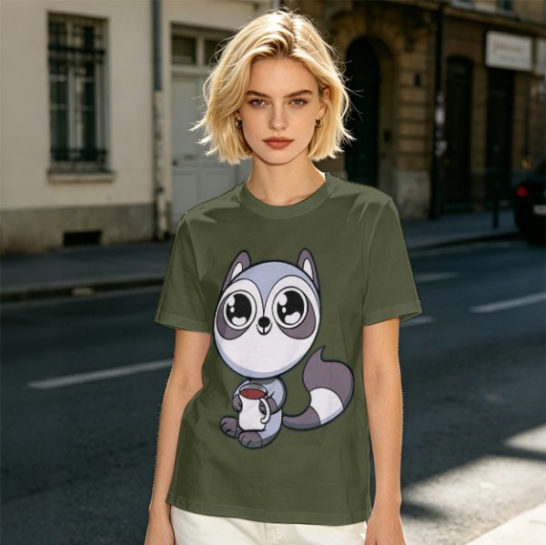 Olive T-Shirt with Cute Raccoon Holding Coffee Mug Print