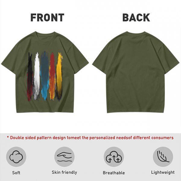 Olive Green T-Shirt With Vertical Colorful Brushstroke Figure Art
