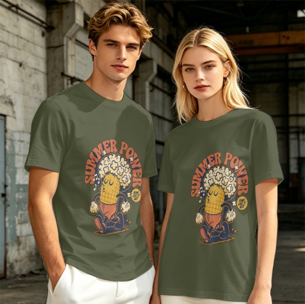 Olive T-Shirt with Retro Summer Power Corn Character Print