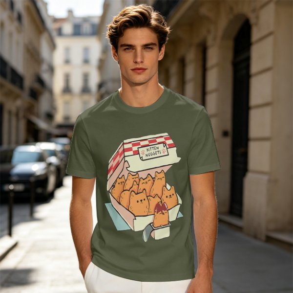 Olive T-Shirt With Kitten Nuggets Fried Chicken Box Graphic