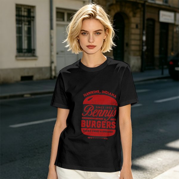 Olive green t-shirt with Benny's Burgers Hawkins Indiana graphic