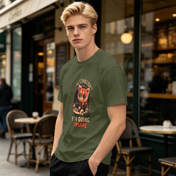 Olive T-Shirt With Red Panda Driving Car 'Destination? I'm Going Insane' Print