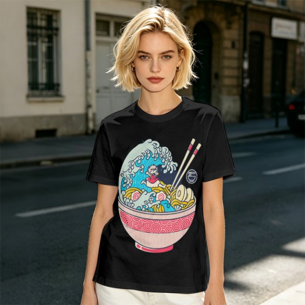 Olive T-shirt with Great Wave Ramen Bowl Graphic Design