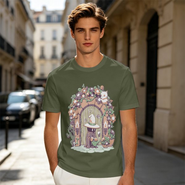 Olive T-Shirt With Whimsical Wizard Cat Garden Door Art