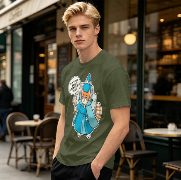 Olive T-Shirt With Fairy Godmother Cat Graphic Print