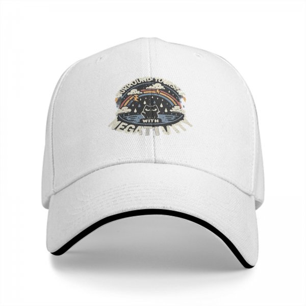 Black baseball cap with 'Surround Yourself With Negativity' graphic print