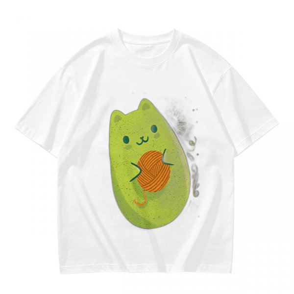 Olive Green T-Shirt With Cute Avocado Cat Holding Yarn Ball Print