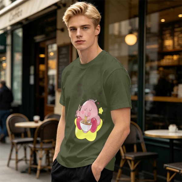 Olive T-shirt Featuring Kirby Eating Ramen on a Warp Star