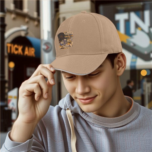 Black baseball cap with fantasy cat adventure graphic print
