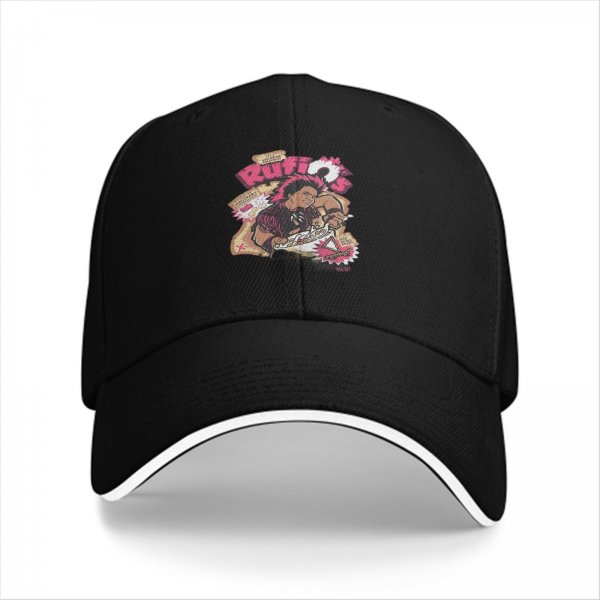 Black baseball cap with retro Rufio graphic print