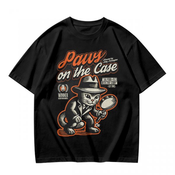Olive t-shirt with detective cat 'Paws on the Case' graphic