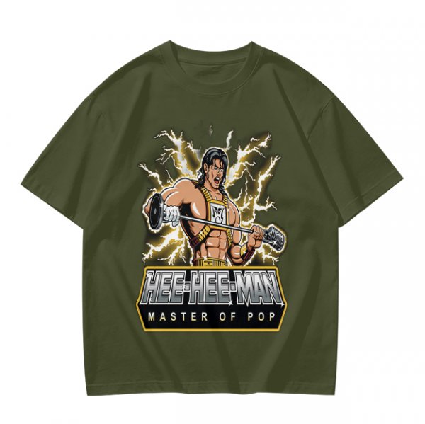 Olive T-shirt with Hee-Hee-Man Master of Pop Lifting Barbell Graphic