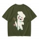 Olive T-Shirt With Angry Fluffy White Creature Swatting At Bee Print