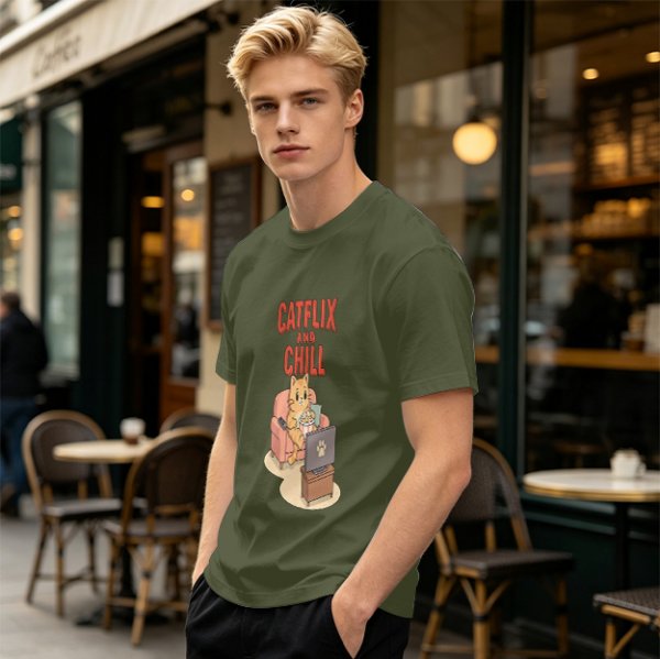 Catflix and Chill Orange Cat Watching TV Graphic T-Shirt
