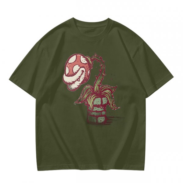 Olive Green T-Shirt With Piranha Plant Graphic Print