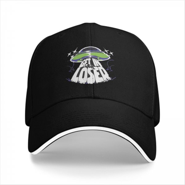 Black baseball cap with UFO and 'Get In Loser' graphic design