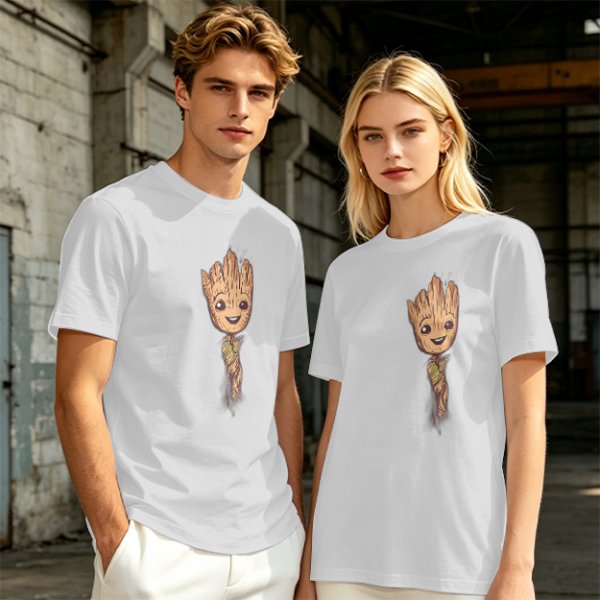Olive Green T-Shirt with Smiling Baby Groot Graphic