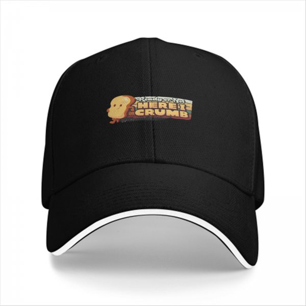 Black baseball cap with 'Here I Crumb' bread graphic print