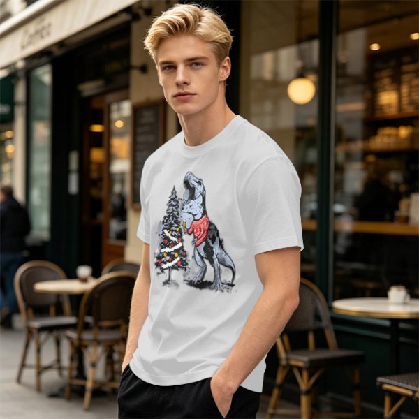 Olive T-shirt with T-Rex in Christmas sweater decorating a tree