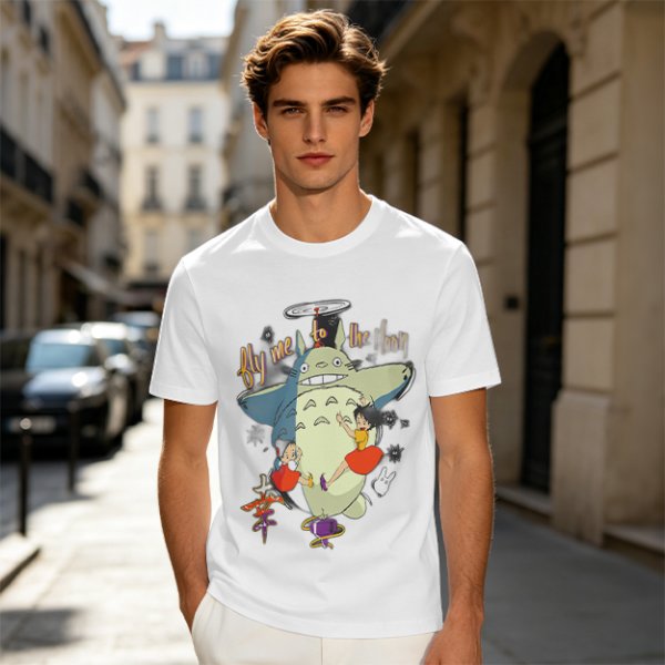 Totoro and Girls Fly Me To The Moon Graphic T-Shirt Design