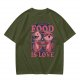 Olive graphic t-shirt with food is love and cartoon animal design
