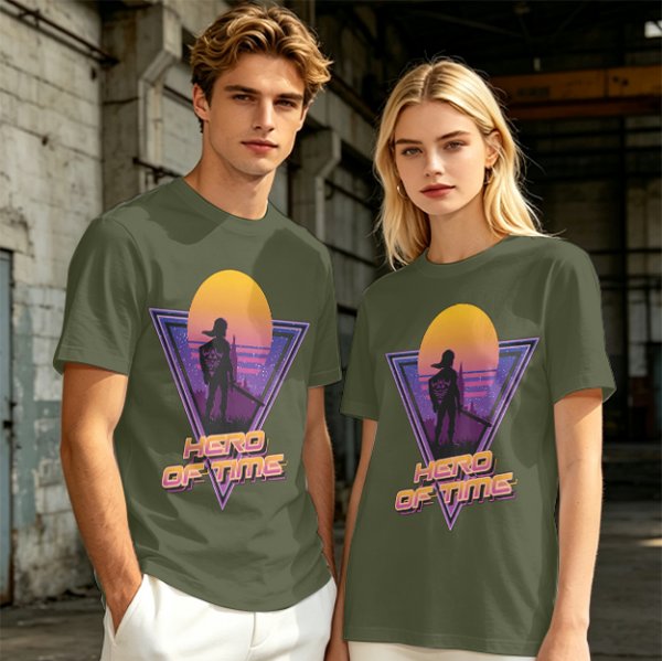 Olive green retro sunset graphic t-shirt with Hero of Time print