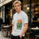 Olive green t-shirt with a cartoon burning box graphic