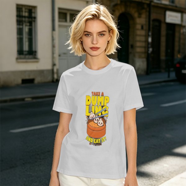 Olive green graphic t-shirt with dumpling pun and steamer illustration