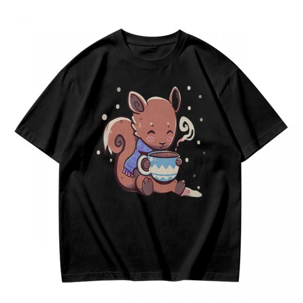 Olive T-Shirt With Cute Squirrel Holding Hot Drink Winter Art