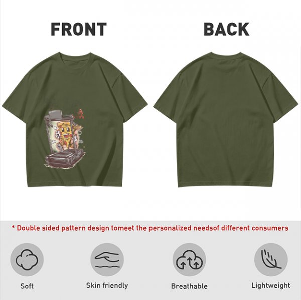 Olive T-shirt with cartoon pizza running on treadmill graphic